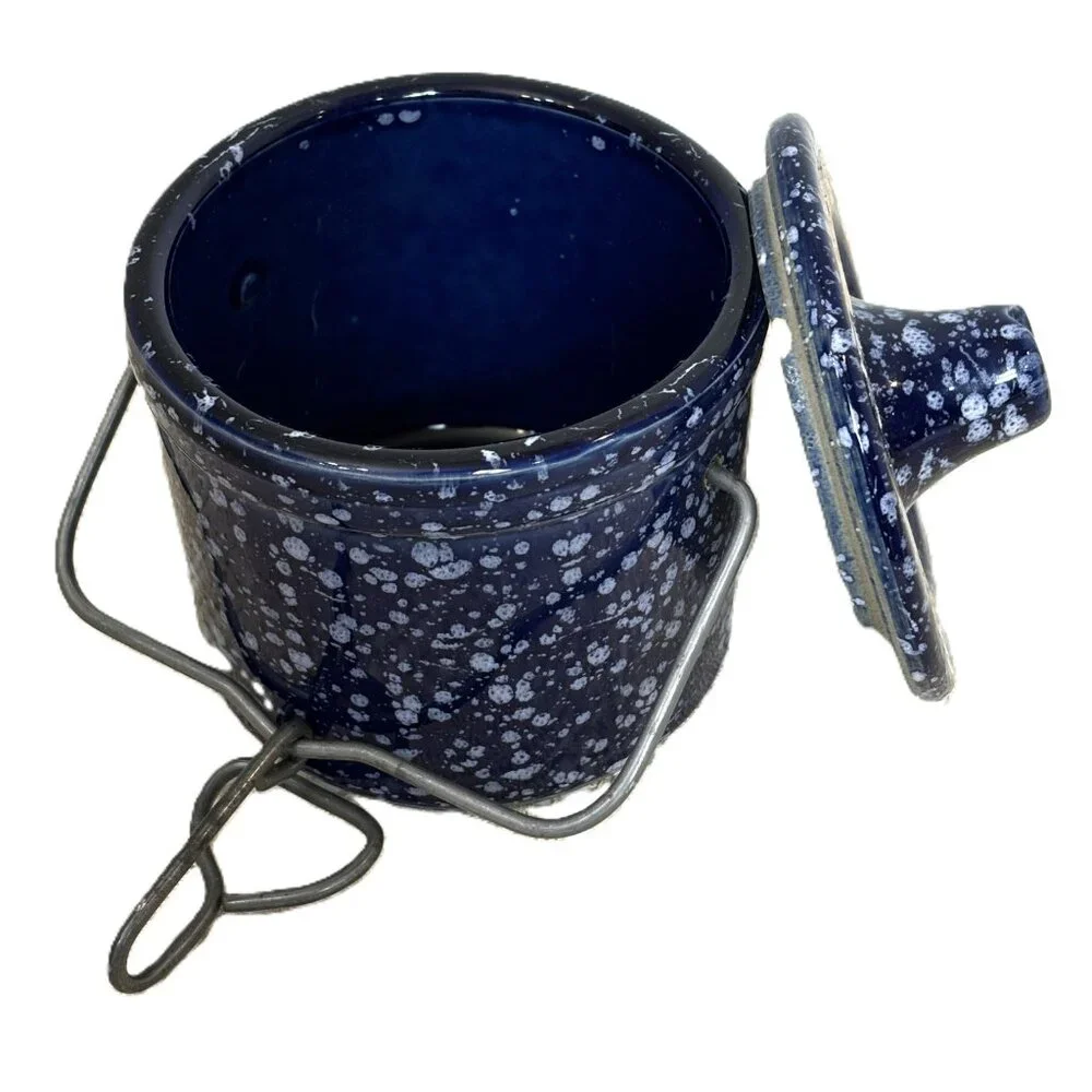* Stoneware Cheese Butter Crock Jar wire Bail Lid Speckled Cobalt Blue Vintage